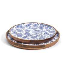 Load image into Gallery viewer, Two's Company Blue Batik Handcrafted Set of 2 Wood Round Trays With Enamel