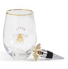 Load image into Gallery viewer, Two's Company Queen Bee Stemless Wine Glass w/ Jeweled Bee Wine Stopper