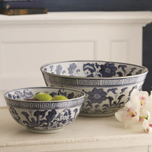 Load image into Gallery viewer, Tozai Home Blue and White Set of 2 Lotus Flower Lianzu Decorative Bowls