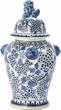 Load image into Gallery viewer, Two's Company Blue/White Peony Flower Covered Temple Jar With Lion Accents
