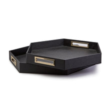Load image into Gallery viewer, Two's Company Set of 2 Black Hexagon Stingray Trays with Golden Handles