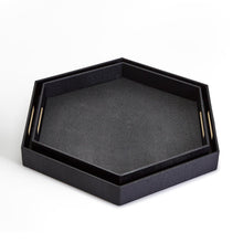Load image into Gallery viewer, Two's Company Set of 2 Black Hexagon Stingray Trays with Golden Handles