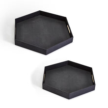 Load image into Gallery viewer, Two's Company Set of 2 Black Hexagon Stingray Trays with Golden Handles
