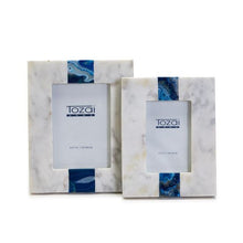 Load image into Gallery viewer, Two's Company Set of 2 White Marble with Blue Agate Inlay Photo Frames (4x6" and 5x7")