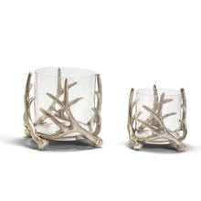 Load image into Gallery viewer, Two's Company Set of 2 Antiqued Silver Antler Hand-Crafted Hurricanes Vases