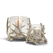 Load image into Gallery viewer, Two's Company Set of 2 Antiqued Silver Antler Hand-Crafted Hurricanes Vases