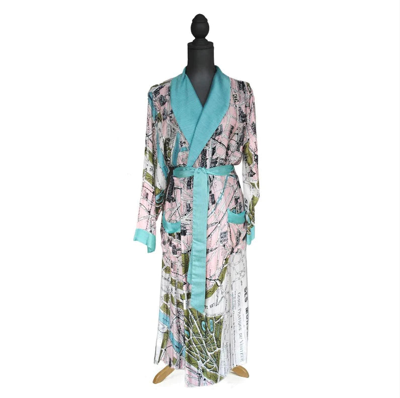 Two's Company Paris Map Robe Gown with Removable Waist Tie Closure