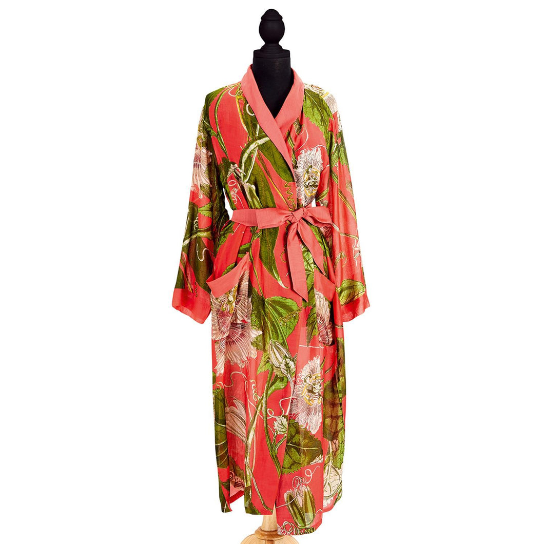 Two's Company Coral Passion Flower Robe Gown with Removable Waist Tie Closure