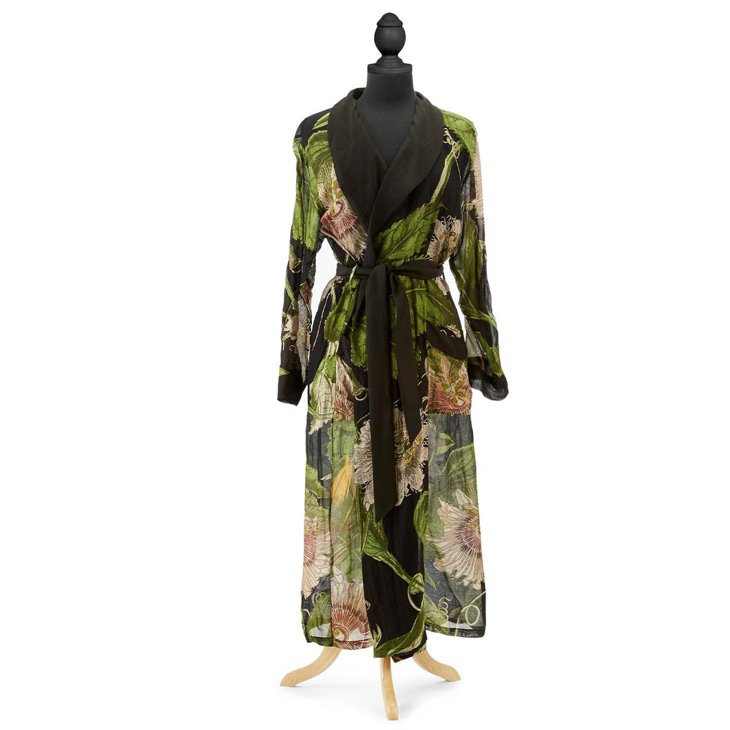Two's Company Black Passion Flower Robe Gown with Removable Waist Tie Closure