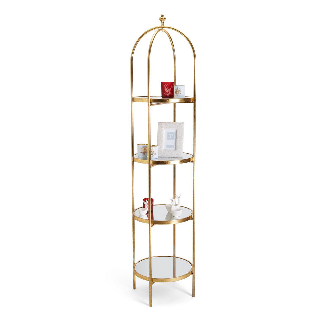 Two's Company Golden Etagere With 4 Mirror Glass Shelves and Decorative Finial