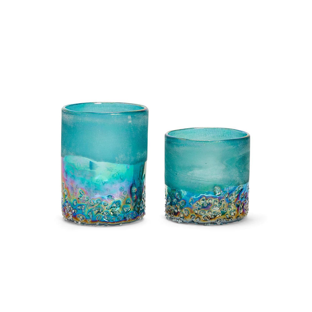 Two's Company Seafoam Set of 2 Frosted & Iridescent Tealight Candleholders