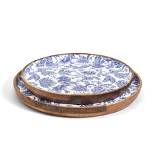 Load image into Gallery viewer, Two&#39;s Company Blue Batik Handcrafted Set of 2 Wood Round Trays With Enamel
