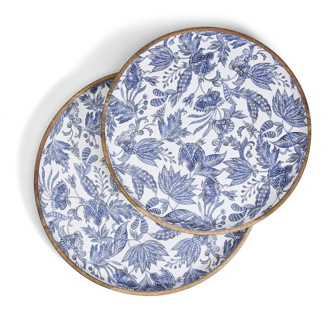 Two's Company Blue Batik Handcrafted Set of 2 Wood Round Trays With Enamel