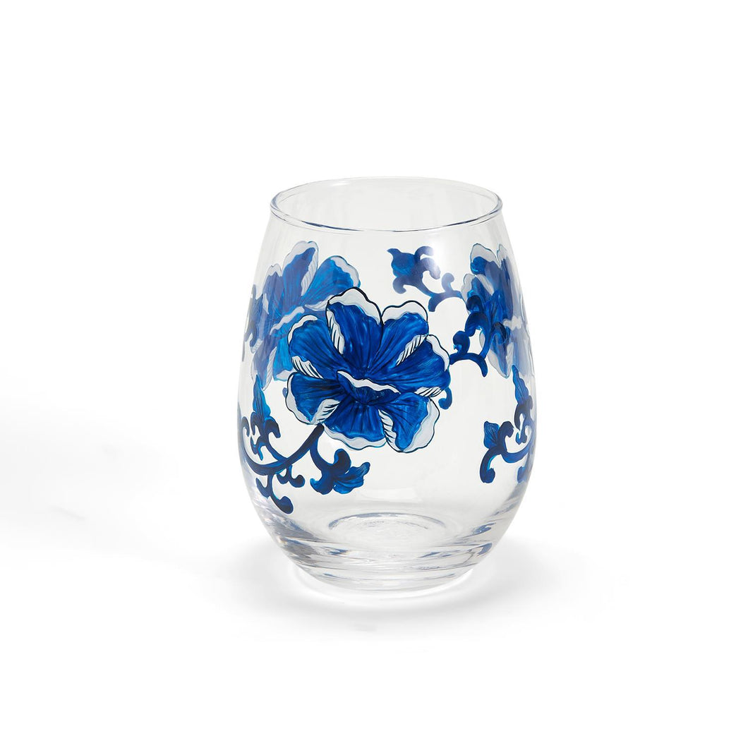 Two's Company Blue & White Flower Set of 4 Stemless Wine Glass (16 oz each)