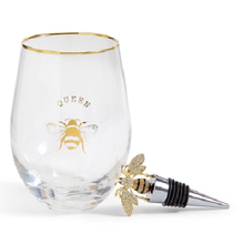 Load image into Gallery viewer, Two&#39;s Company Queen Bee Stemless Wine Glass w/ Jeweled Bee Wine Stopper
