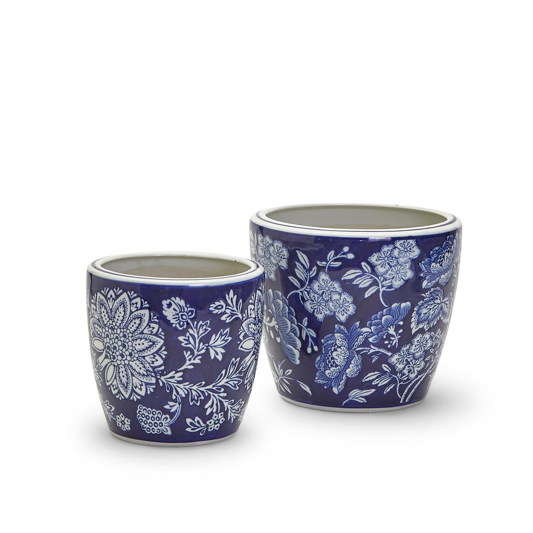 Two's Company Floral Fantasy Set of 2 Blue and White Hand-Painted Planter