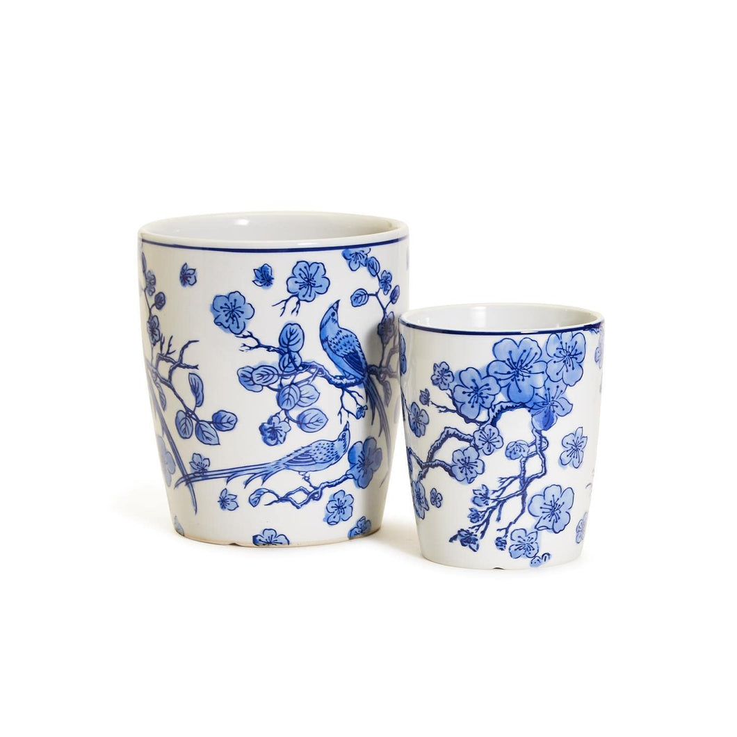 Two's Company Blue and White Blossom Bird Set of 2 Cachepots / Vases