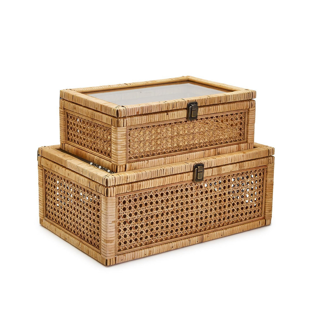 Two's Company Balboa Set of 2 Rattan Decorative Storage Boxes with Glass Lids