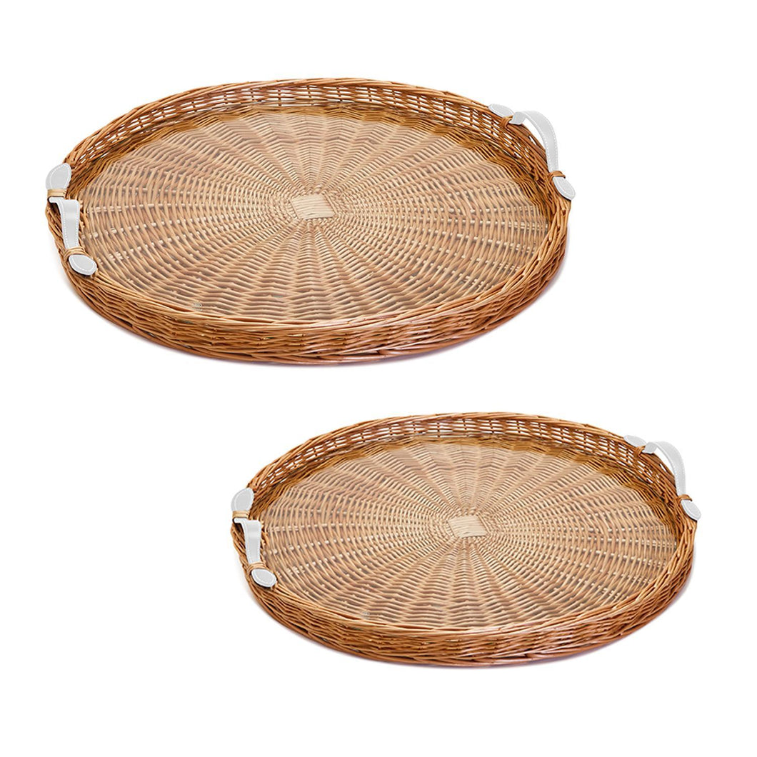 Two's Company Set of 2 Round Wicker Trays with White Handles
