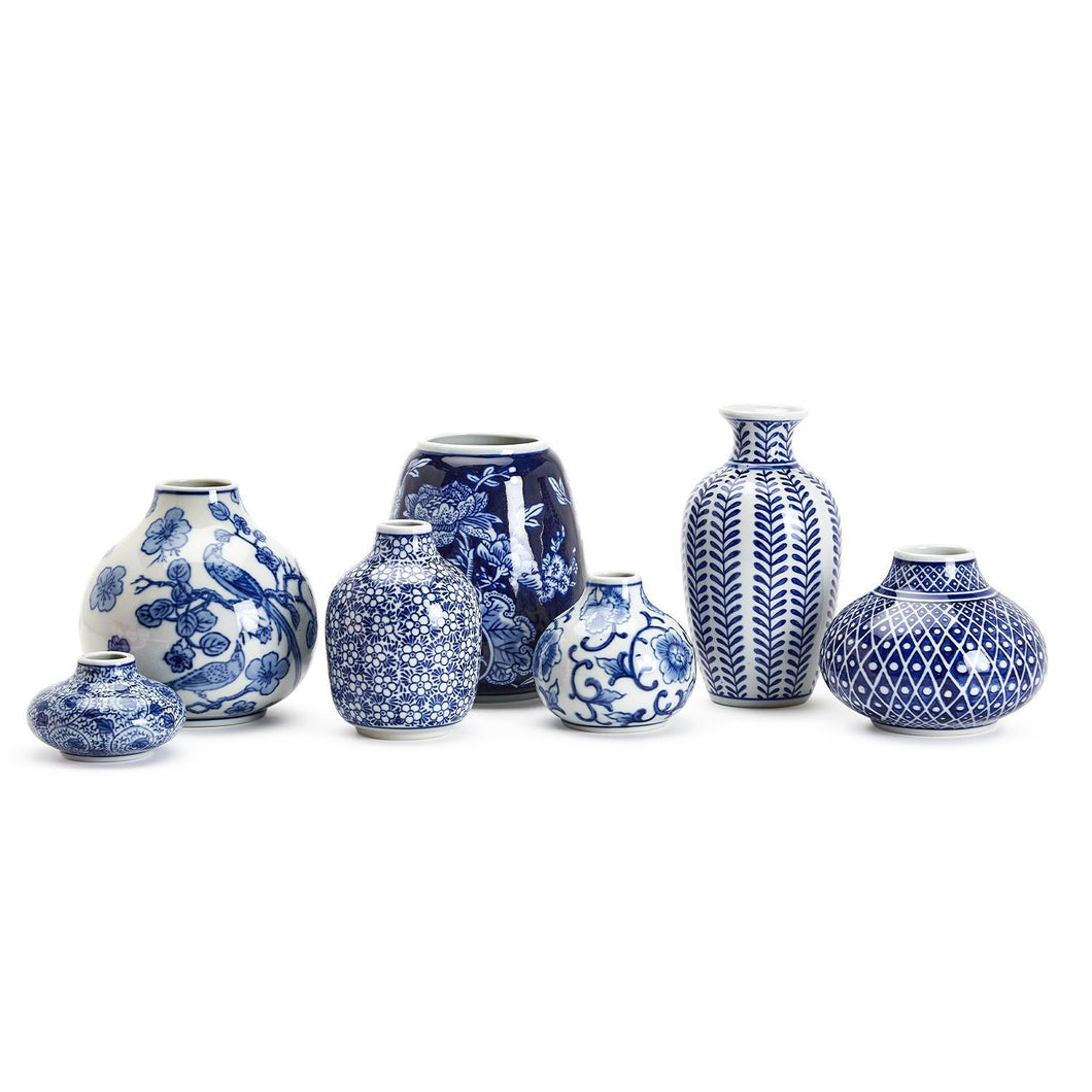Two's Company Blue and White Set of 7 Hand-Painted Vases