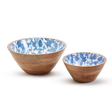 Load image into Gallery viewer, Two&#39;s Company Blue Batik Hand-Crafted Set of 2 Wooden Bowls with Enamel
