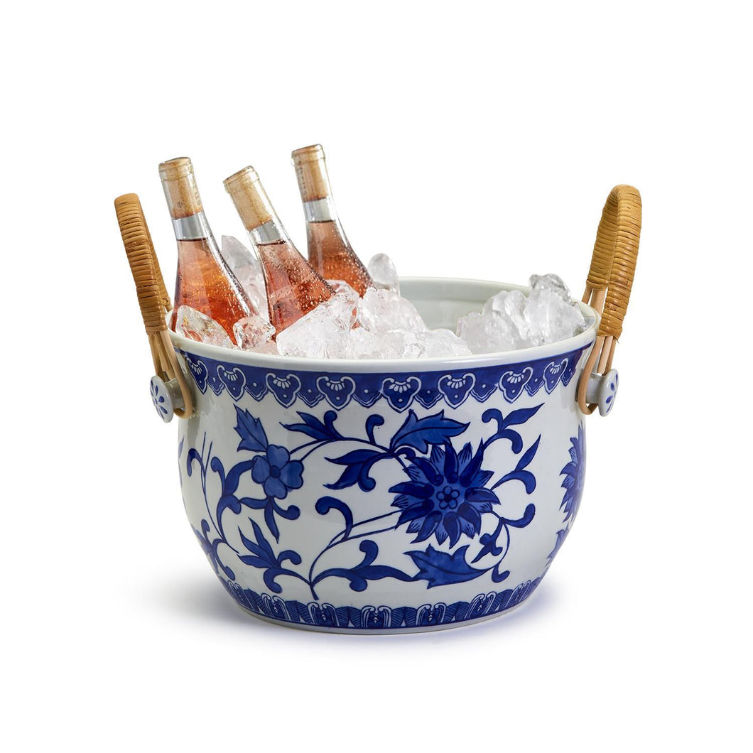 Two's Company Chinoiserie Blue and White Party Bucket with Bamboo Handles
