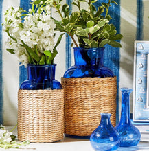 Load image into Gallery viewer, Two&#39;s Company Set of 2 Blue Glass Candle Holders / Vases with Rattan Wrap
