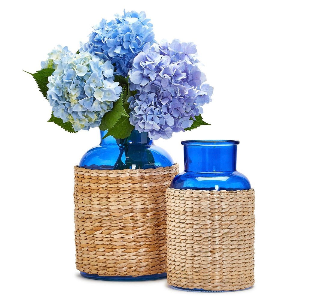 Two's Company Set of 2 Blue Glass Candle Holders / Vases with Rattan Wrap