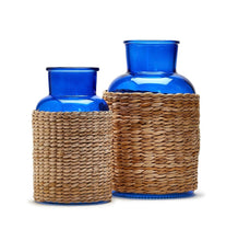 Load image into Gallery viewer, Two&#39;s Company Set of 2 Blue Glass Candle Holders / Vases with Rattan Wrap
