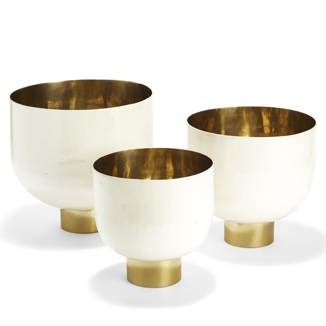Two's Company Set of 3 Hammered Aluminum White Lacquer Bowls w/ Gold Base