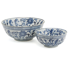 Load image into Gallery viewer, Tozai Home Blue and White Set of 2 Lotus Flower Lianzu Decorative Bowls
