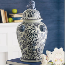 Load image into Gallery viewer, Two&#39;s Company Blue/White Peony Flower Covered Temple Jar With Lion Accents
