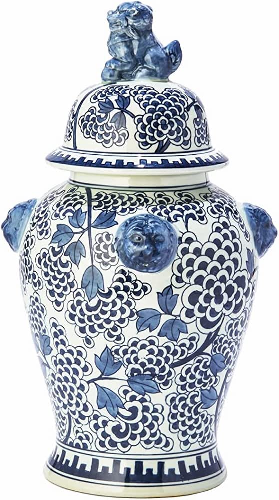 Two's Company Blue/White Peony Flower Covered Temple Jar With Lion Accents