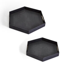 Load image into Gallery viewer, Two&#39;s Company Set of 2 Black Hexagon Stingray Trays with Golden Handles
