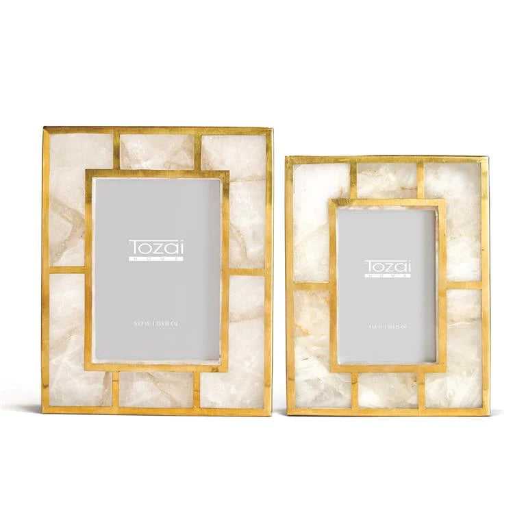 Two's Company White Quartz Set of 2 Photo Frames With Brass Trim (4x6