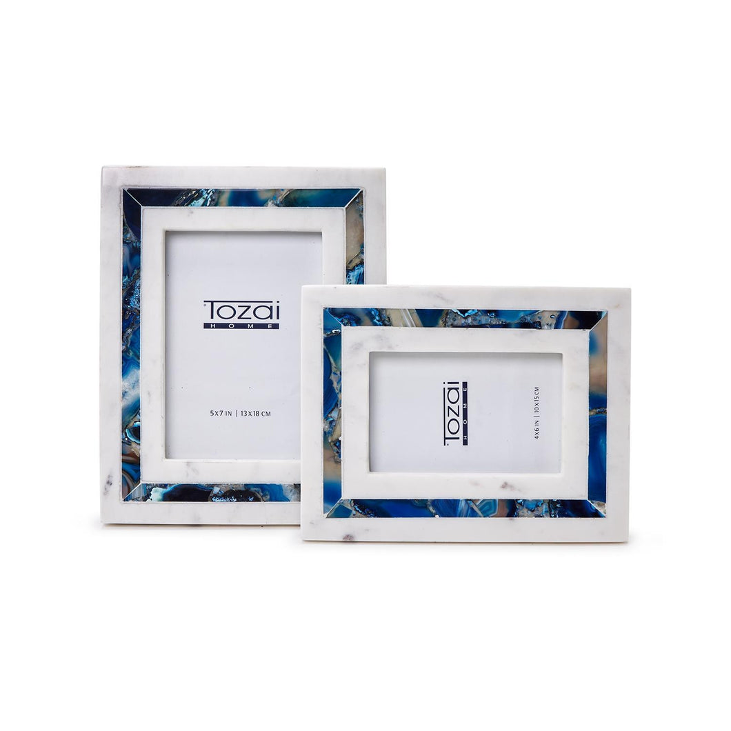 Tozai Blue Agate Inlay Set of 2 White Marble Photo Frames