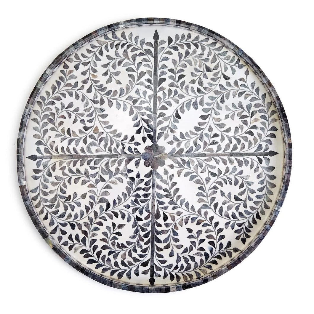 Two's Company Jaipur Palace Gray and White Inlaid Decorative Round Serving Tray