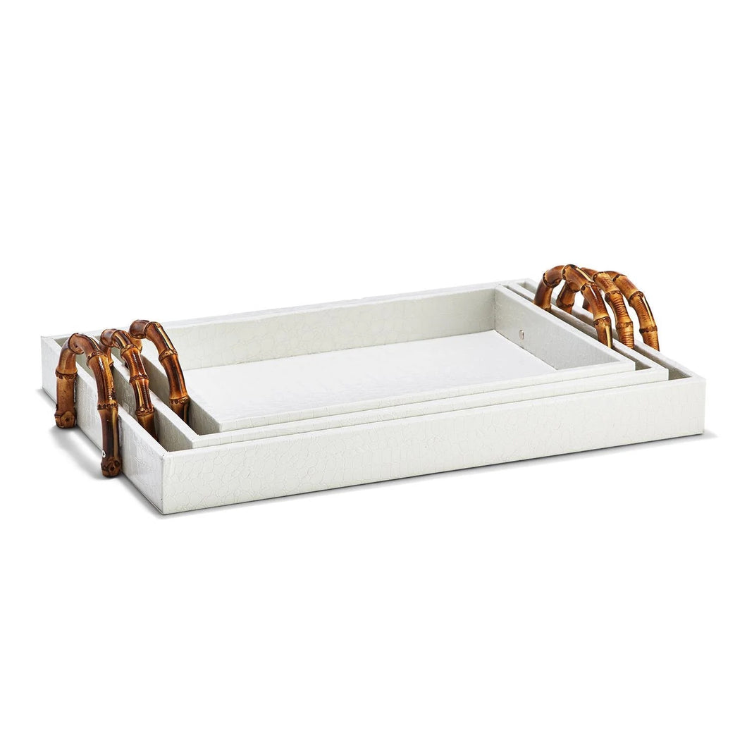 Two's Company White Crocodile Rectangle Set of 3 Trays With Bamboo Handles