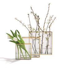 Load image into Gallery viewer, Two&#39;s Company Windows Square Set of 3 Vases With Gold Metal Trim
