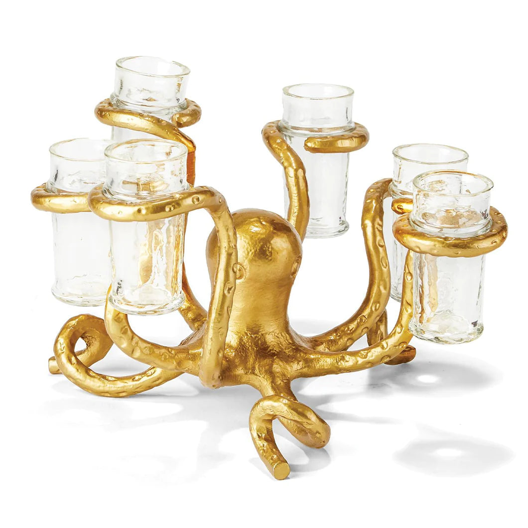 Two's Company Golden Bronze Octopus Shot Glass Holder (w/ 6 shot glasses)