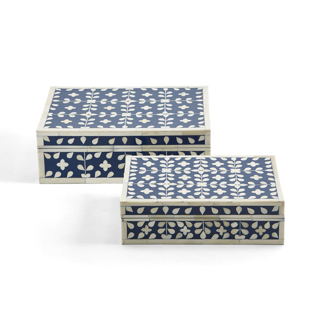 Two's Company Set of 2 Flower and Petals Blue & White Tear Hinged Cover Boxes